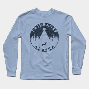 Fairbanks Alaska Funny Retro Spaceship Aliens Deer Souvenir Long Sleeve T-Shirt